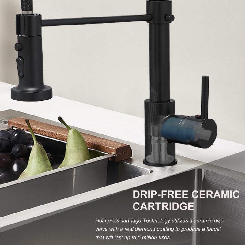 Hoimpro Matte Black Spring Kitchen Faucet with Pull Down Sprayer, Rv Kitchen Sink Faucets with Pull-Down Sprayer, 3 Function Single Handle Laundry Faucet - Image 4